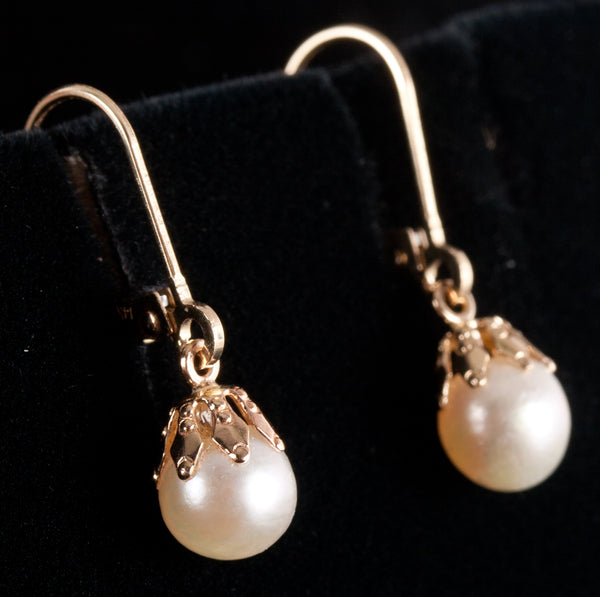 14k Yellow Gold Round Bead Cultured White Pearl Solitaire Dangle Earrings 1.5g