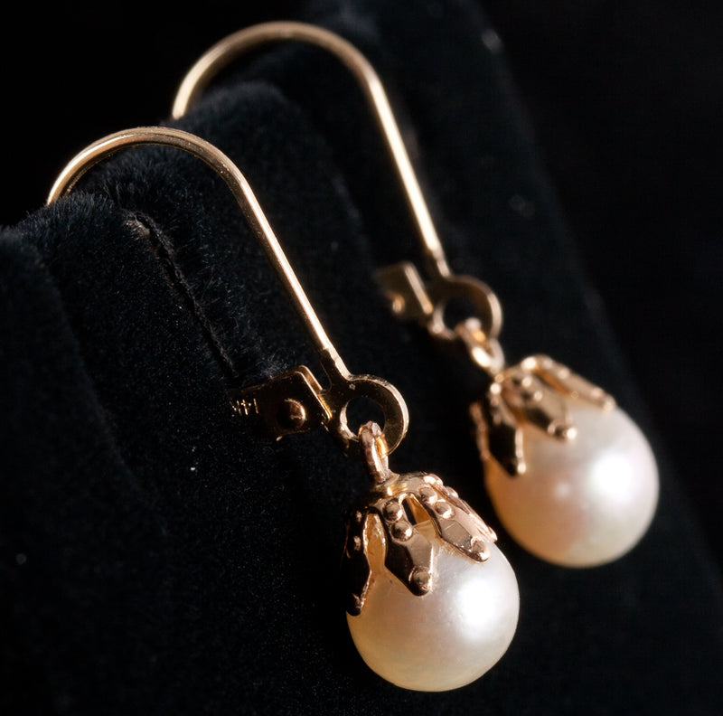 14k Yellow Gold Round Bead Cultured White Pearl Solitaire Dangle Earrings 1.5g