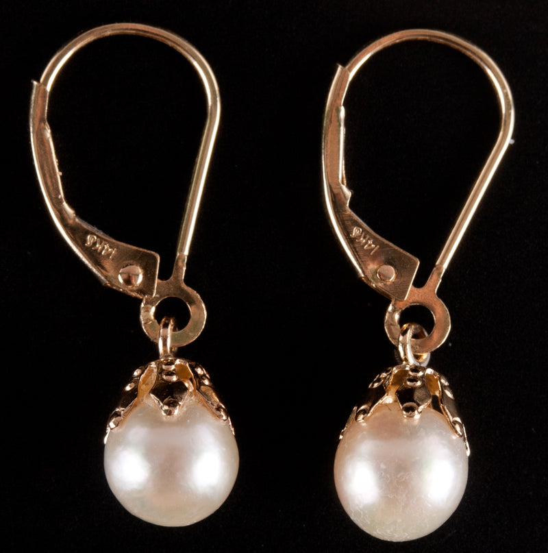 14k Yellow Gold Round Bead Cultured White Pearl Solitaire Dangle Earrings 1.5g