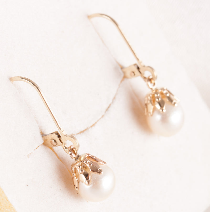 14k Yellow Gold Round Bead Cultured White Pearl Solitaire Dangle Earrings 1.5g