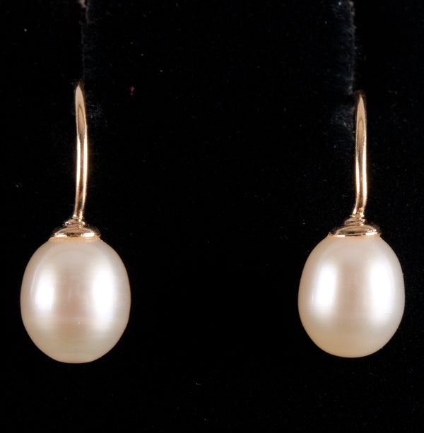 14k Yellow Gold Oval Bead Cultured White Pearl Solitaire Dangle Earrings 1.3g