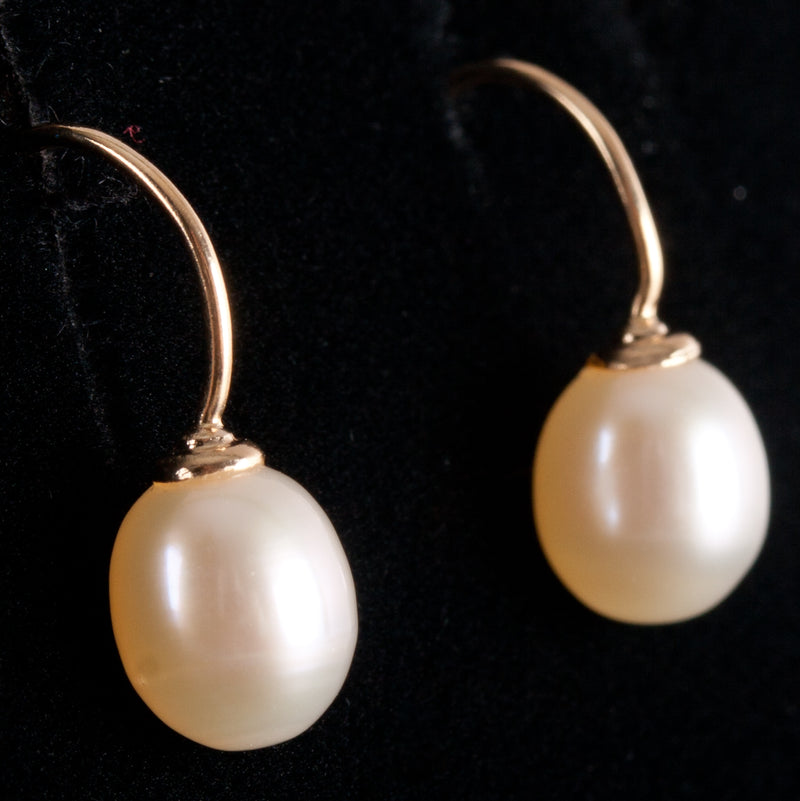 14k Yellow Gold Oval Bead Cultured White Pearl Solitaire Dangle Earrings 1.3g