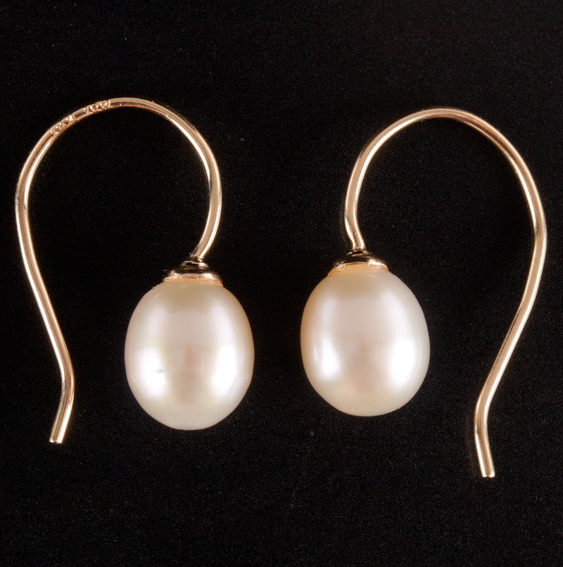 14k Yellow Gold Oval Bead Cultured White Pearl Solitaire Dangle Earrings 1.3g