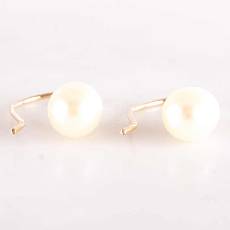 14k Yellow Gold Oval Bead Cultured White Pearl Solitaire Dangle Earrings 1.3g