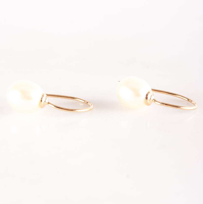 14k Yellow Gold Oval Bead Cultured White Pearl Solitaire Dangle Earrings 1.3g