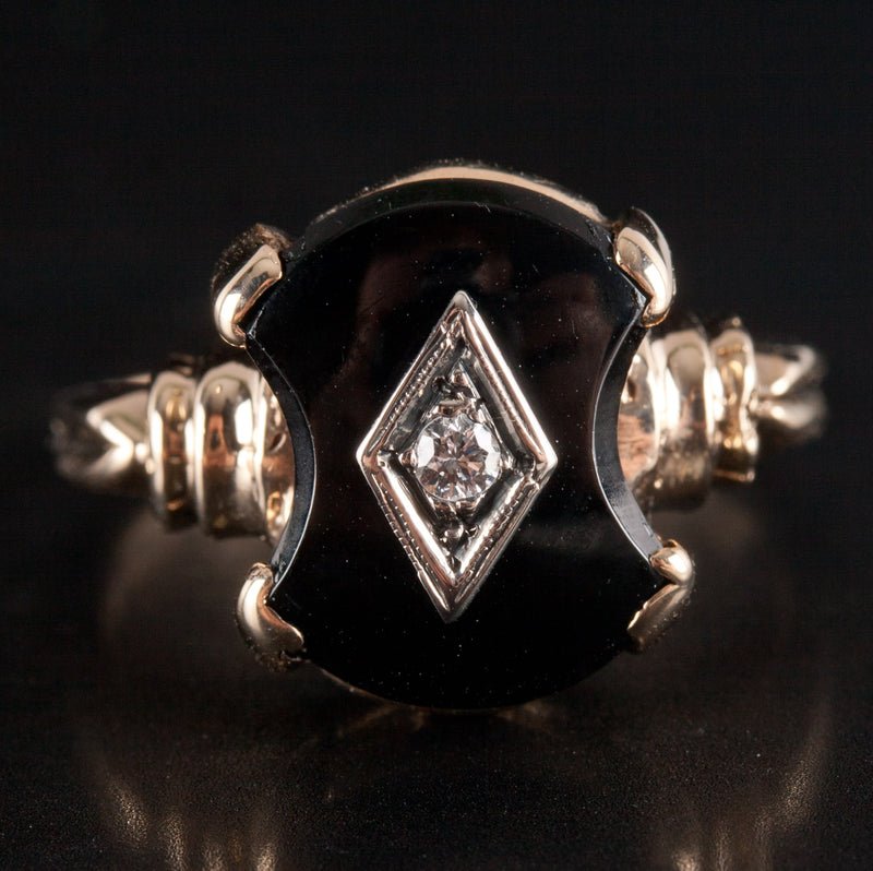 Vintage 1920's 10k Yellow White Gold Onyx Diamond Cocktail Ring .03ctw 3.99g