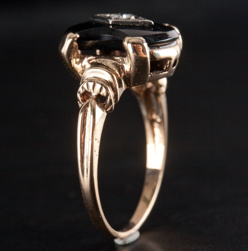 Vintage 1920's 10k Yellow White Gold Onyx Diamond Cocktail Ring .03ctw 3.99g