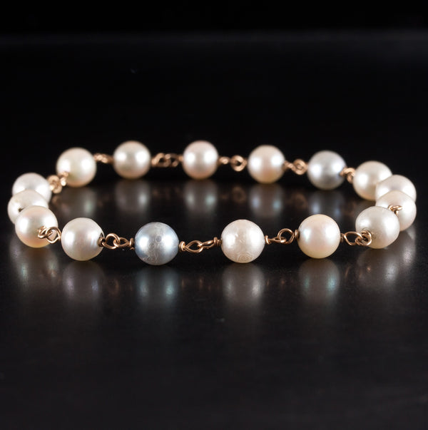 14k Yellow Gold Round Bead Cultured Pearl Beaded Style Bracelet 7.75" 6.6g