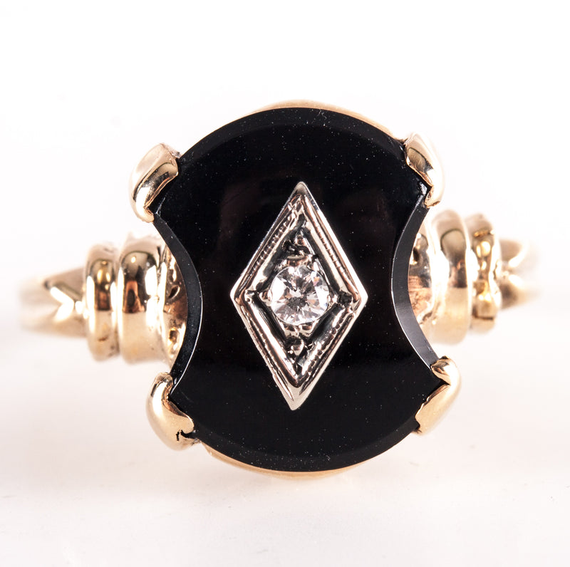 Vintage 1920's 10k Yellow White Gold Onyx Diamond Cocktail Ring .03ctw 3.99g