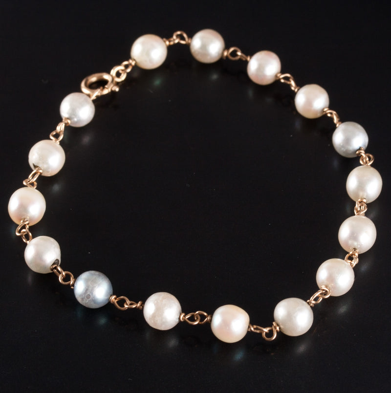 14k Yellow Gold Round Bead Cultured Pearl Beaded Style Bracelet 7.75" 6.6g