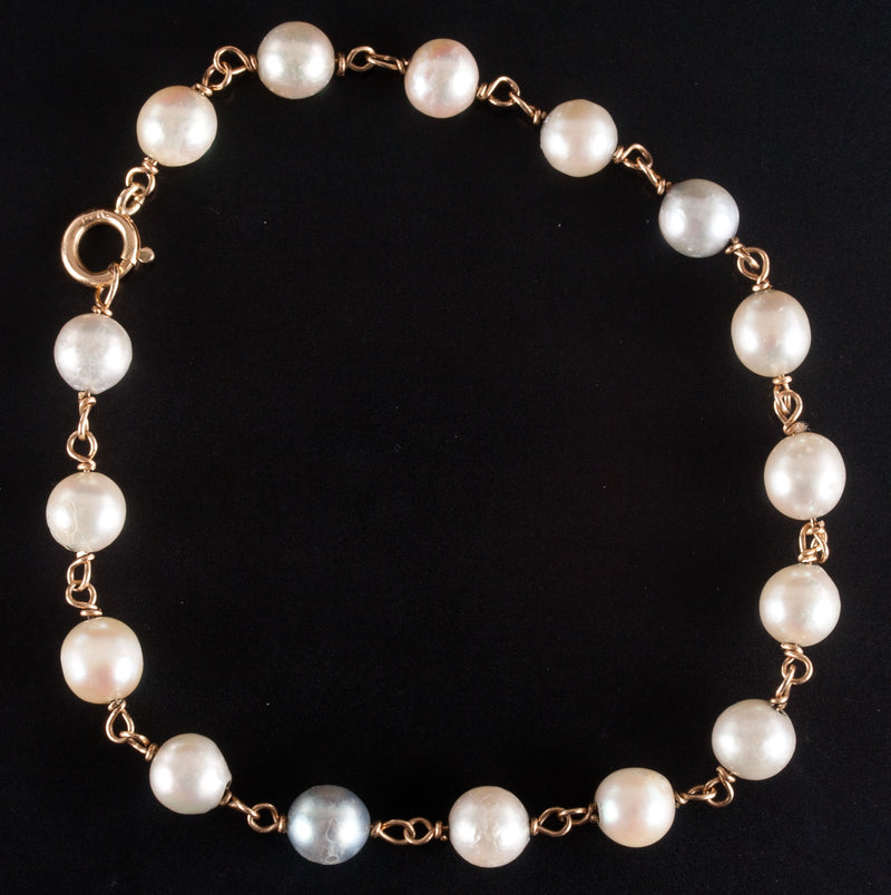 14k Yellow Gold Round Bead Cultured Pearl Beaded Style Bracelet 7.75" 6.6g