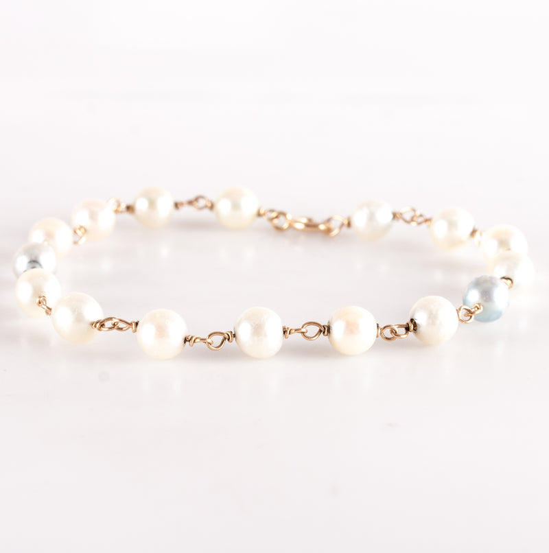 14k Yellow Gold Round Bead Cultured Pearl Beaded Style Bracelet 7.75" 6.6g