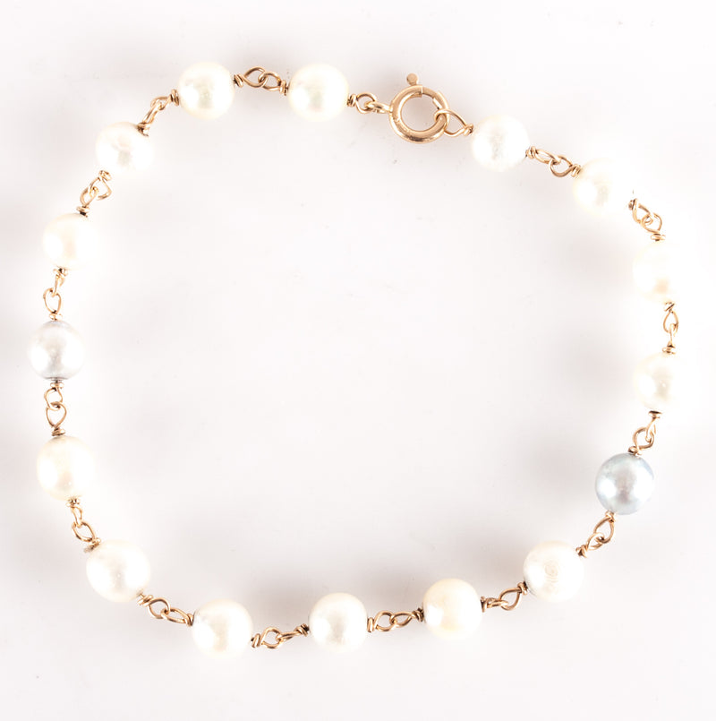 14k Yellow Gold Round Bead Cultured Pearl Beaded Style Bracelet 7.75" 6.6g