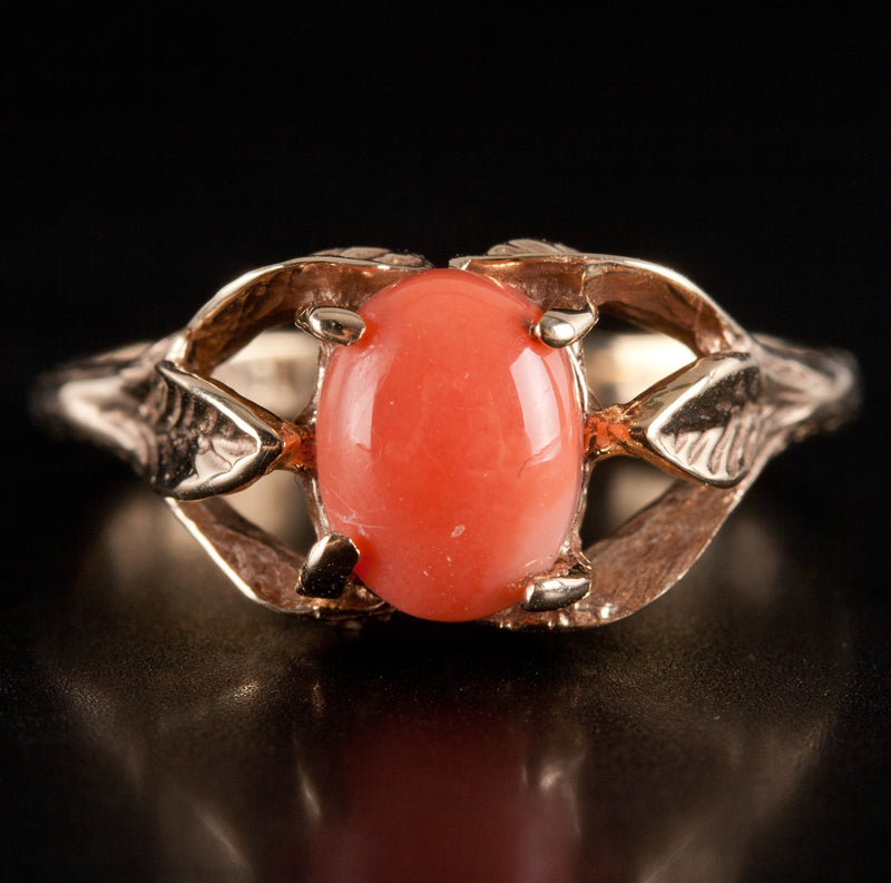 Vintage 1940's 10k Yellow Gold Oval Cabochon Orange Coral Solitaire Ring 2.32g