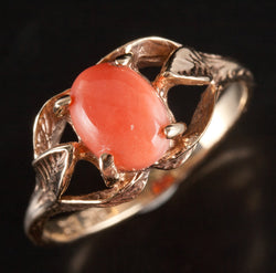 Vintage 1940's 10k Yellow Gold Oval Cabochon Orange Coral Solitaire Ring 2.32g