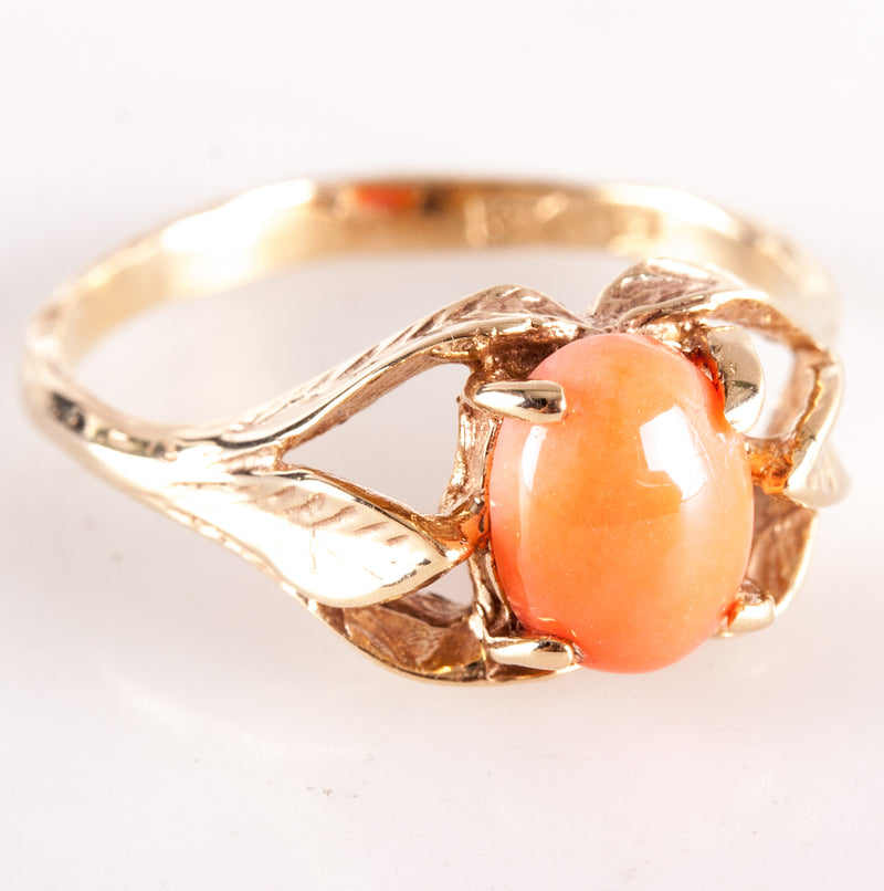 Vintage 1940's 10k Yellow Gold Oval Cabochon Orange Coral Solitaire Ring 2.32g