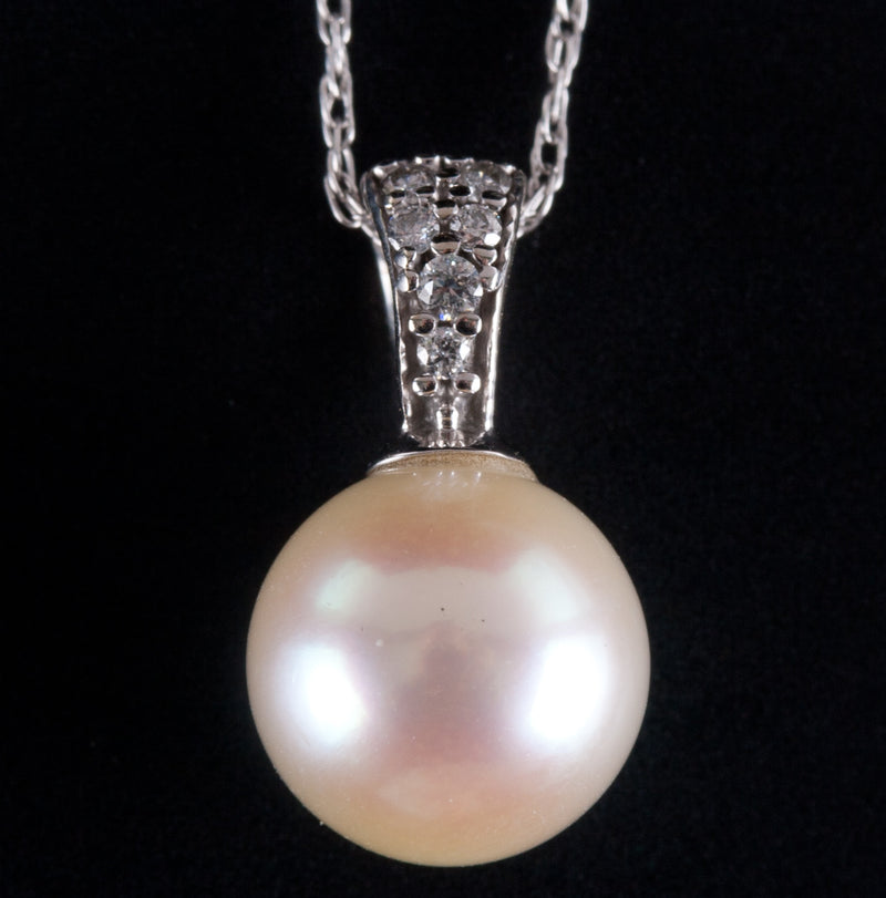 14k White Gold Cultured Round Pearl Diamond Necklace W/ 18" Chain .02ctw 1.42g