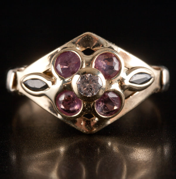 14k Yellow Gold Italian White Sapphire Ruby Blue Sapphire Cocktail Ring .54ctw