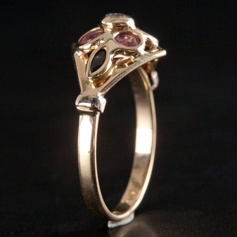 14k Yellow Gold Italian White Sapphire Ruby Blue Sapphire Cocktail Ring .54ctw