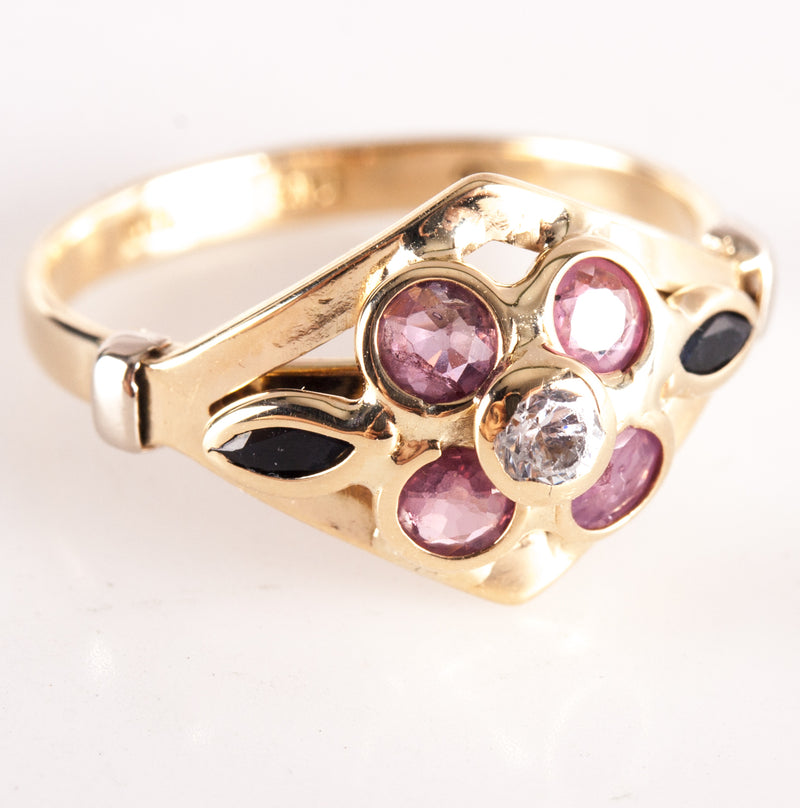 14k Yellow Gold Italian White Sapphire Ruby Blue Sapphire Cocktail Ring .54ctw