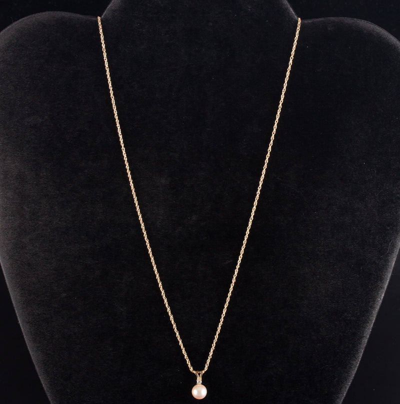 14k Yellow Gold Cultured Round Pearl Diamond Necklace W/ 18" Chain .02ct 1.45g