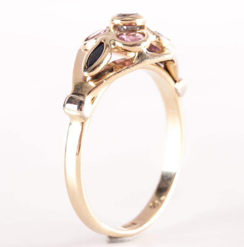14k Yellow Gold Italian White Sapphire Ruby Blue Sapphire Cocktail Ring .54ctw
