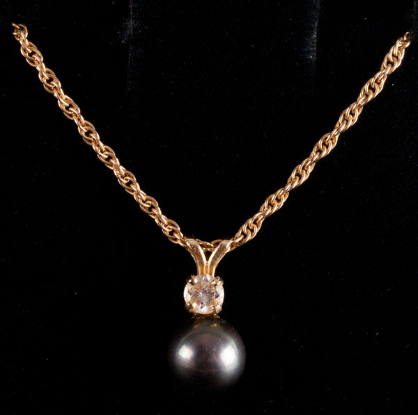 14k Yellow Gold Cultured Round Tahitian Pearl Diamond Necklace 18" Chain .15ct