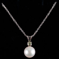 14k White Gold Cultured Round Pearl Peridot Necklace W/ 16" Chain .08ct 2.22g