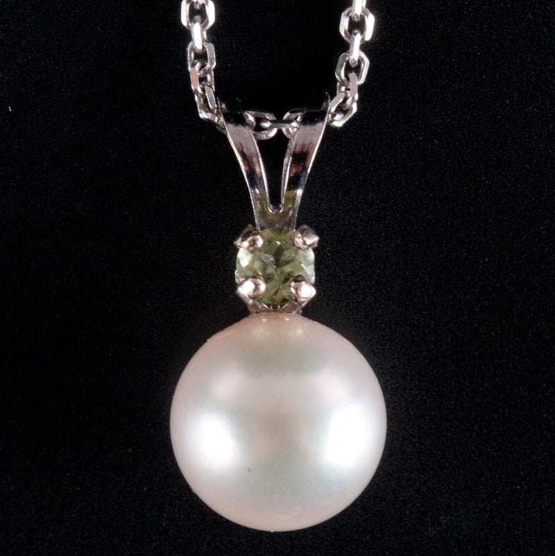 14k White Gold Cultured Round Pearl Peridot Necklace W/ 16" Chain .08ct 2.22g