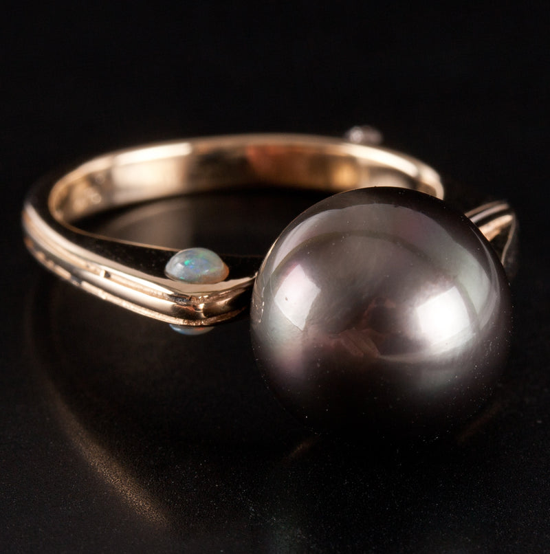 14k Yellow Gold Round Bead Tahitian Pearl Ring W/ Opal Diamond Accents .09ctw