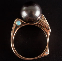 14k Yellow Gold Round Bead Tahitian Pearl Ring W/ Opal Diamond Accents .09ctw