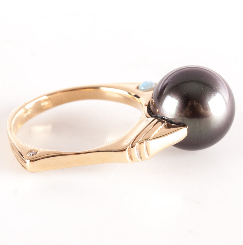 14k Yellow Gold Round Bead Tahitian Pearl Ring W/ Opal Diamond Accents .09ctw