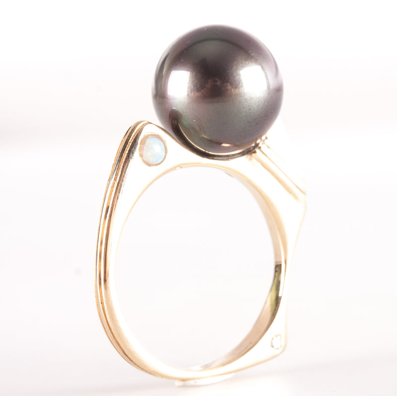 14k Yellow Gold Round Bead Tahitian Pearl Ring W/ Opal Diamond Accents .09ctw