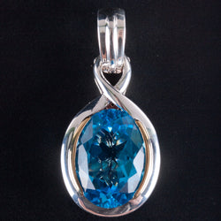 Fine Silver / 18k Yellow Gold Oval Swiss Blue Topaz Solitaire Pendant 7.50ct