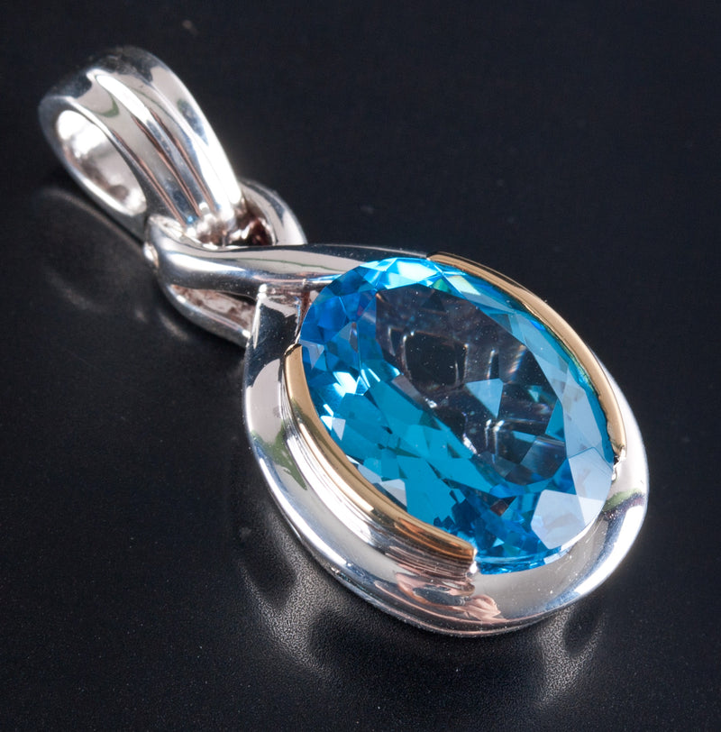 Fine Silver / 18k Yellow Gold Oval Swiss Blue Topaz Solitaire Pendant 7.50ct