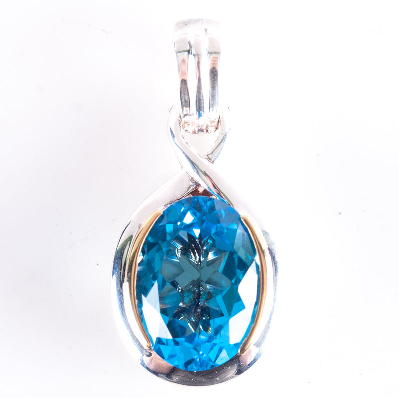 Fine Silver / 18k Yellow Gold Oval Swiss Blue Topaz Solitaire Pendant 7.50ct
