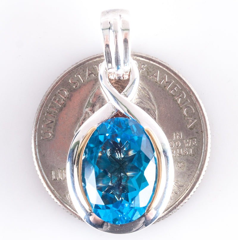 Fine Silver / 18k Yellow Gold Oval Swiss Blue Topaz Solitaire Pendant 7.50ct