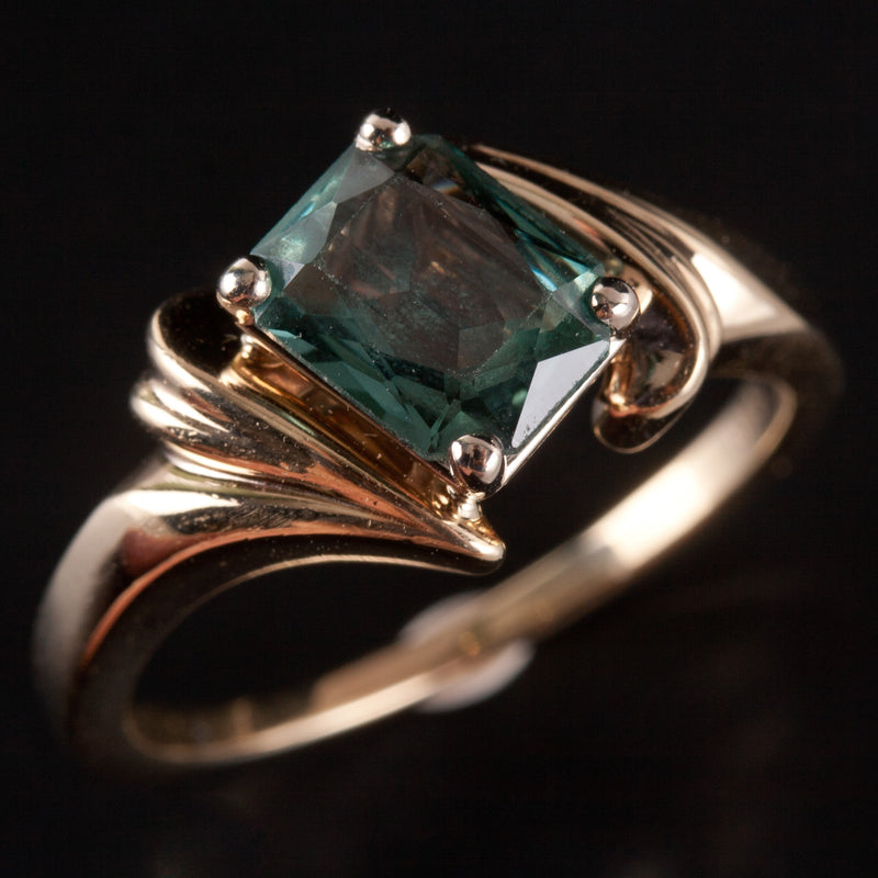 14k Yellow Gold Blue Green Emerald Shaped Tourmaline Solitaire Ring 1.50ct 4.92g