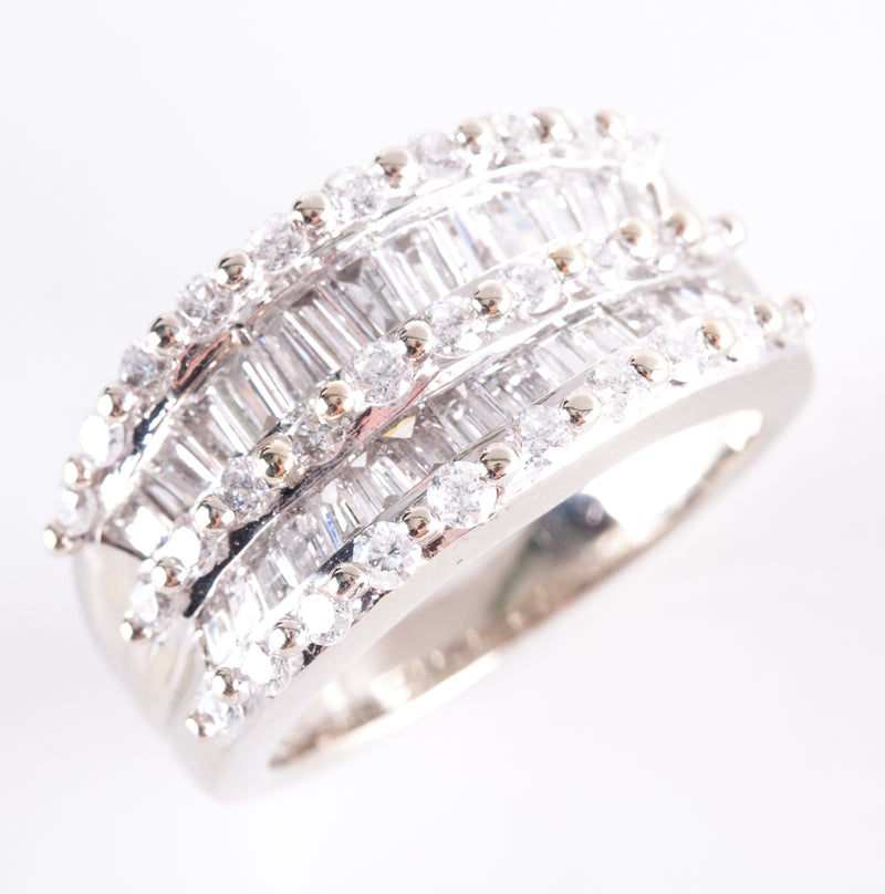 14k White Gold Round Baguette Diamond Cluster Cocktail Style Ring 1.12ctw 7.15g