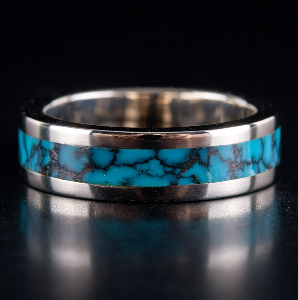 14k White Gold Inlay Style Blue Turquoise Ring 6.4g Size 5.75