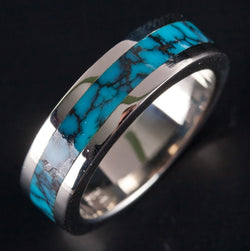 14k White Gold Inlay Style Blue Turquoise Ring 6.4g Size 5.75