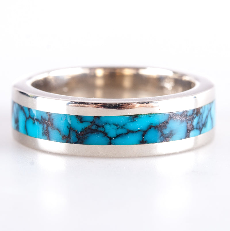 14k White Gold Inlay Style Blue Turquoise Ring 6.4g Size 5.75