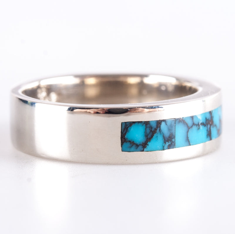 14k White Gold Inlay Style Blue Turquoise Ring 6.4g Size 5.75