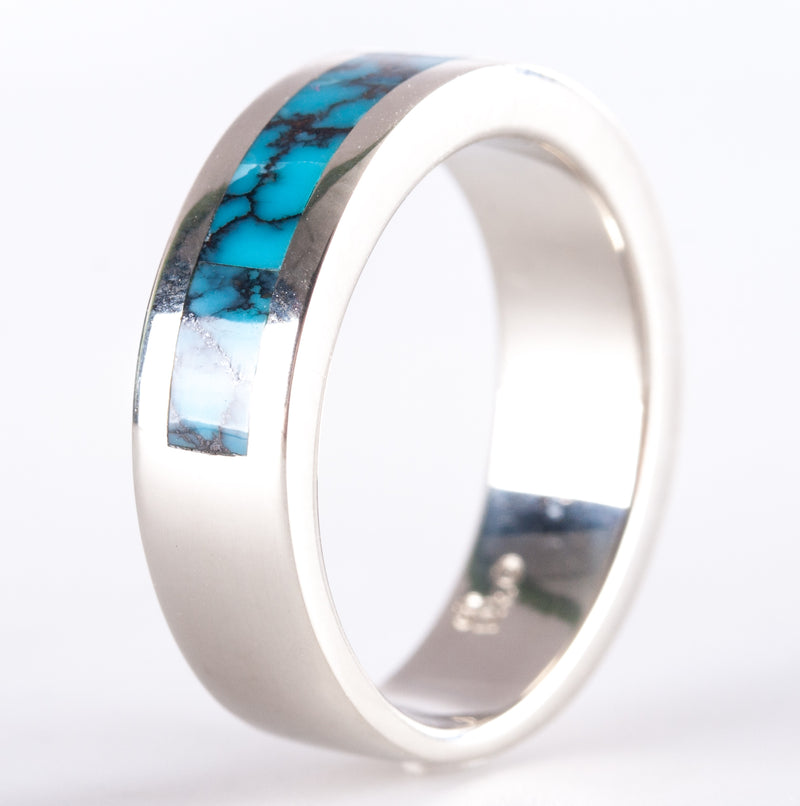 14k White Gold Inlay Style Blue Turquoise Ring 6.4g Size 5.75