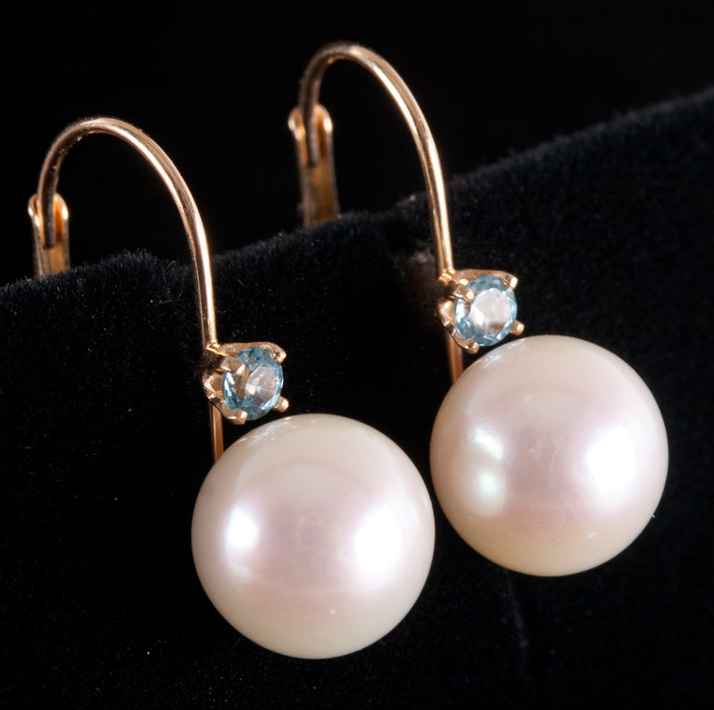 14k Yellow Gold Round Bead Pearl Sky Blue Topaz Earrings W/ Leverbacks .18ctw