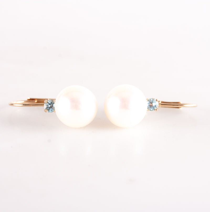 14k Yellow Gold Round Bead Pearl Sky Blue Topaz Earrings W/ Leverbacks .18ctw