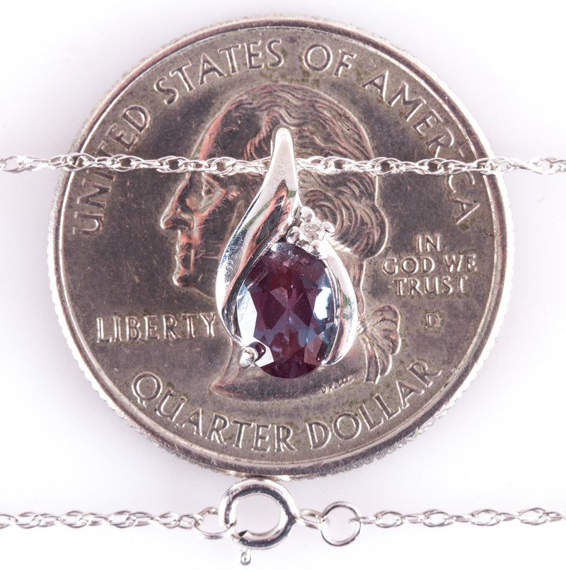 14k / 10k White Gold Lab-Created Alexandrite Natural Diamond Necklace 1.17ctw