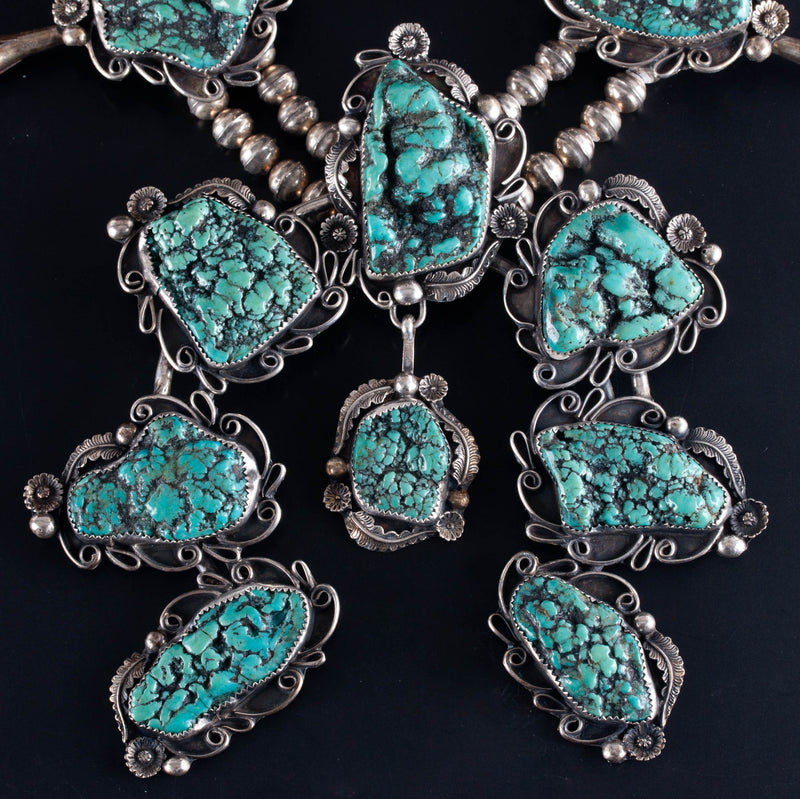 Vintage 1970's Sterling Silver Navajo Turquoise Squash Ring Bracelet Earring Set