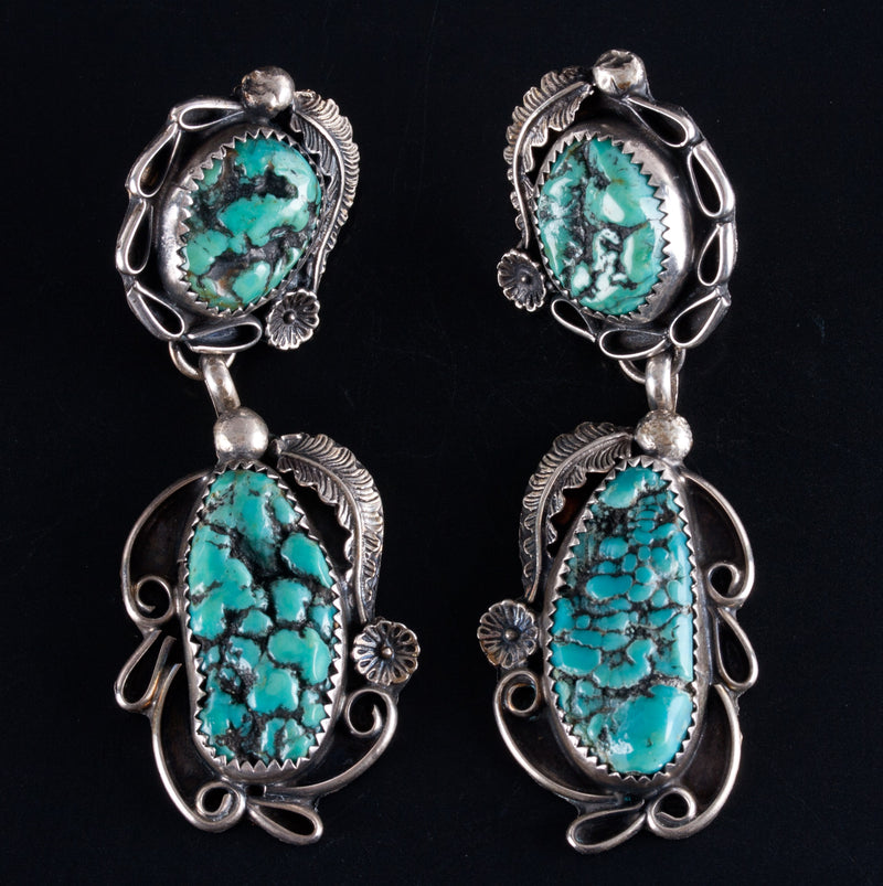 Vintage 1970's Sterling Silver Navajo Turquoise Squash Ring Bracelet Earring Set