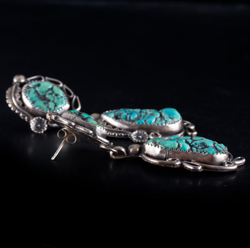 Vintage 1970's Sterling Silver Navajo Turquoise Squash Ring Bracelet Earring Set